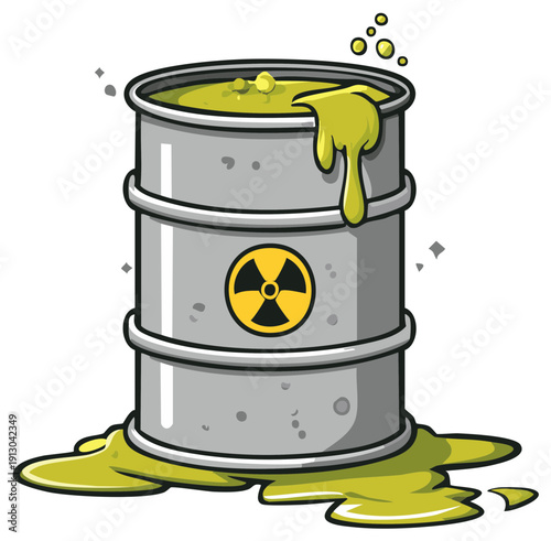 Cartoon Radioactive Waste Barrel Leaking Toxic Sludge with Warning Symbol