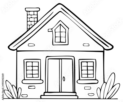 Line Art Illustration of a Cute Cottage with Chimney and Plants Around the Base of the House