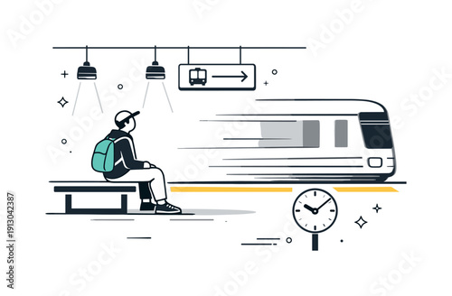   Subway waiting atmosphere. Platform lights casting long soft shadows, person quietly waiting, train motion blur just beginning. Pause inside