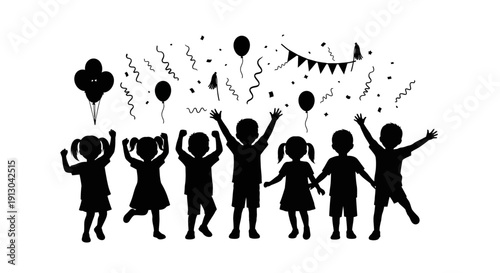 Silhouette of Children Celebrating with Balloons.