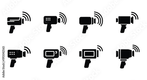 Black and white icons depicting various styles of video cameras with wireless signals