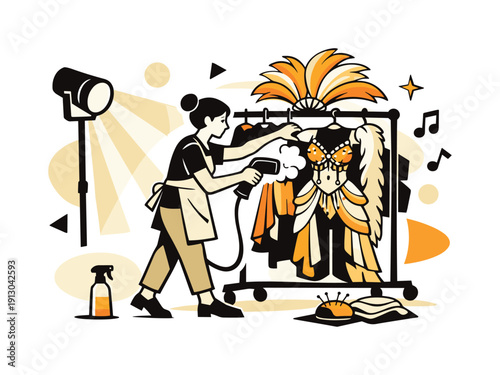   Final costume preparation. A designer steaming and arranging an elaborate costume on a rack,