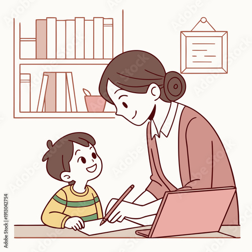 Mother helps child with homework, documentary style, focus on learning.