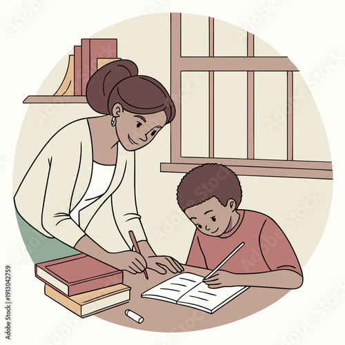 Mother helping child with homework, documentary style, education and support.