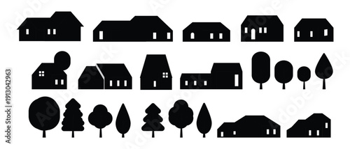 Set of house and apartment building icons featuring real estate architecture symbols with roof, window, and door design elements in a professional property vector illustration
