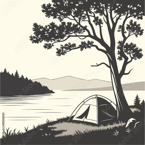 Summer Campsite by Lake with Single Tent and Trees