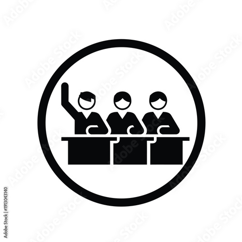 Vector illustration icon three people sitting at a table with one person raising their hand in a meeting or discussion setting