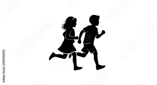 Silhouette of Children Running Together.