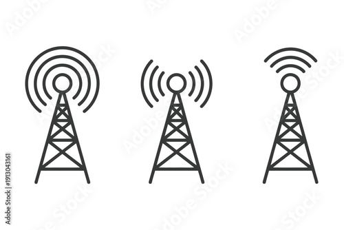 Antenna tower icon set, showcasing wireless communication icons including radio antenna, transmitter, receiver, and broadcast signal towers for technology designs.