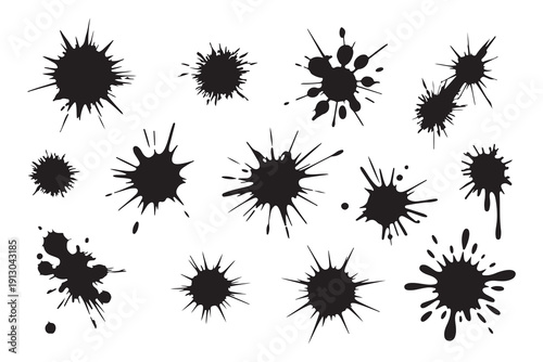 Abstract paint splash elements collection with various ink blot shapes for artistic decoration and texture