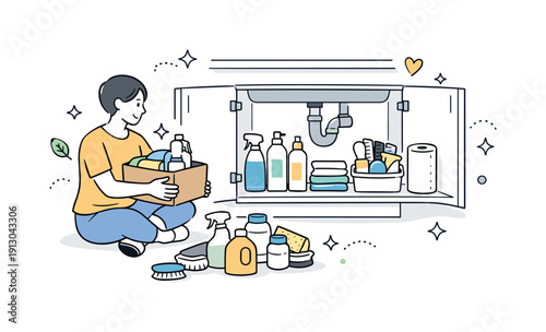 Decluttering under-sink cleaning storage. Person removing excess items and neatly lining up essential supplies inside a cabinet. Thoughtful,