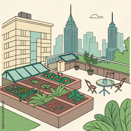 Urban Rooftop Garden Oasis Vector Illustration