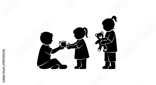 Silhouette of Children with Dolls and Toys.
