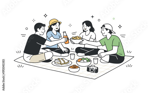    Picnics with friends on grass. Friends passing snacks and drinks across a picnic blanket, smiling and leaning toward each other. Natural