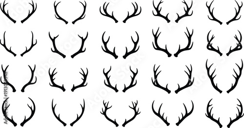 Twenty antler illustrations in grid layout vector design, stylized deer horn symbol for biology, wildlife, hunting, decorative art icon