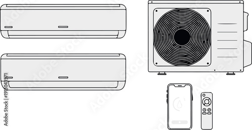 A detailed technical drawing of a modern air conditioning unit and its accessories