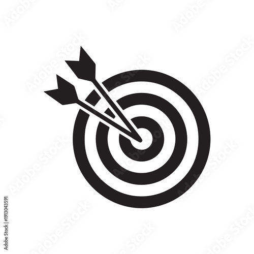 Arrow pierces target bullseye in minimalist black and white design
