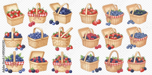 Collection of watercolor baskets filled with fresh strawberries, blueberries, and raspberries, perfect for summer designs.