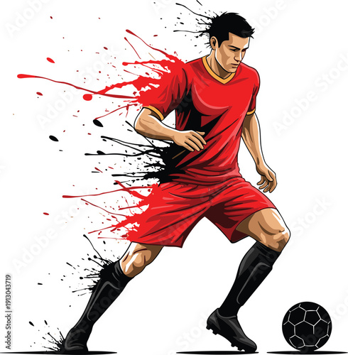 Soccer player kicking ball with red uniform and paint splatter black boots