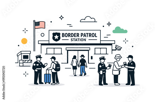 Border patrol station overview. Calm exterior scene of a modern border patrol station with simplified architecture and clear signage,