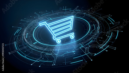 Digital shopping cart icon on futuristic interface, online ecommerce technology concept, retail platform innovation, virtual purchasing system and modern payment solutions