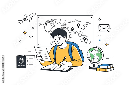 Preparing for Global Education. Global education program. A student reviewing study abroad documents and a world map, preparing thoughtfully for an