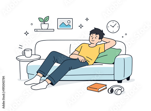    Slouched relaxed positions indoors. A person sits on a sofa or chair with an easy, unstructured posture, showing comfort and familiarity with