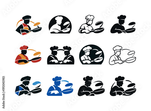    A chef flipping a pancake in a skillet with a spatula. Icon set. Set Logo of A chef flipping a pancake in a skillet with a spatula: pancake