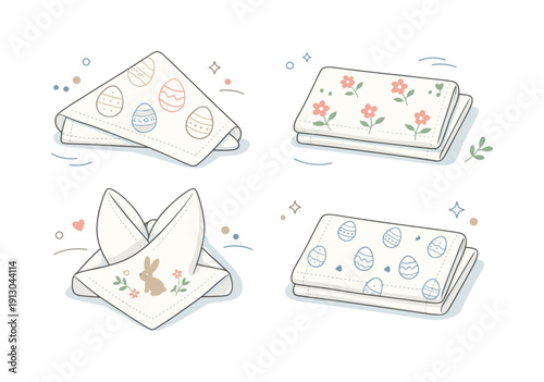 Folded Easter napkins with subtle patterns. Individual linen napkins featuring soft floral or egg motifs, displayed neatly on a light surface