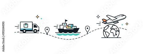    Transportation and delivery. Truck, ship, and airplane icons aligned in a clear route, representing global delivery. Sense of steady movement