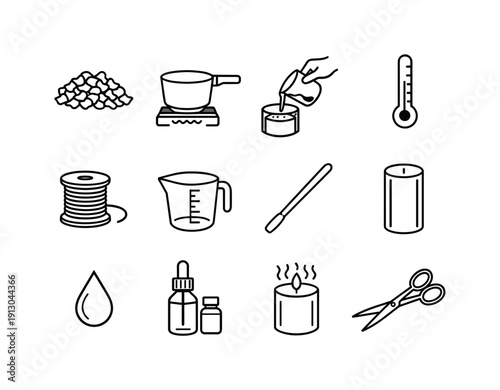 Candle Making. Line icon set of Candle Making: wax flakes, melting pot, pouring wax, thermometer, wick spool, measuring cup, stirring stick,