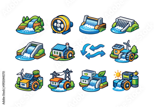 Small Hydropower. Colorful isometric vector icons set of Small Hydropower: hillside water stream, low head turbine, mini dam structure,
