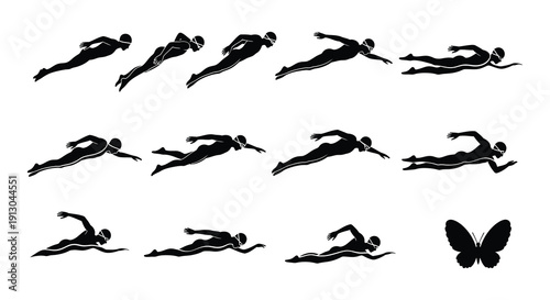Swimmers in motion and a butterfly illustration in black silhouette