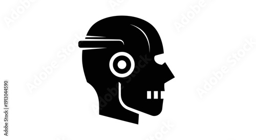 Robot head with earpiece and wires.