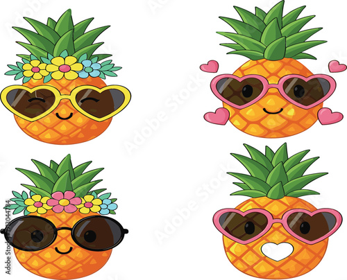Cute pineapple characters wearing heart shaped sunglasses and flower crowns set of tropical summer fruit mascots for beach party decor and kid stickers.