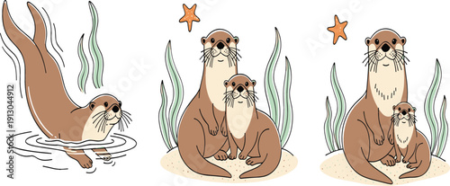 Cute hand drawn otter family vector set featuring mother and pup with starfish and seaweed elements in a minimalist whimsical nursery art style.