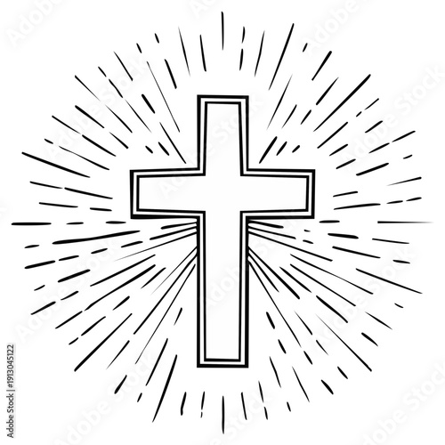 Christian Cross Symbol with Radial Burst Rays Grunge Outline Hand Drawn