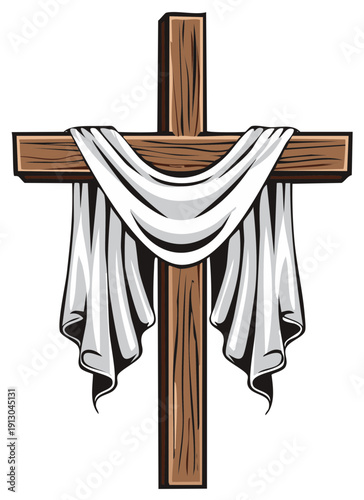 Wooden Cross With White Drape Religious Symbol