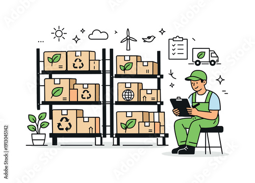 Sustainable supply chains. A warehouse scene with neatly organized boxes marked with eco labels and a relaxed worker checking inventory. The