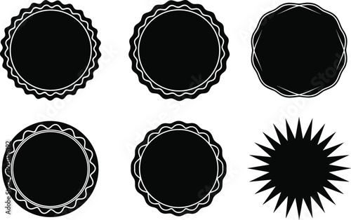 Set of black circular seal badges with wavy edges and sharp starburst shapes for retail price tags quality certificates and promotional marketing label designs.
