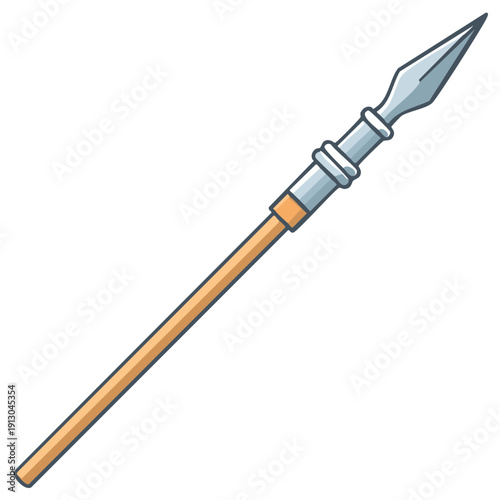 Stylized spear with metallic tip and wooden shaft diagonal on white background