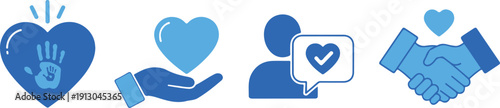 A set of blue icons representing love, charity, and partnership on a white background