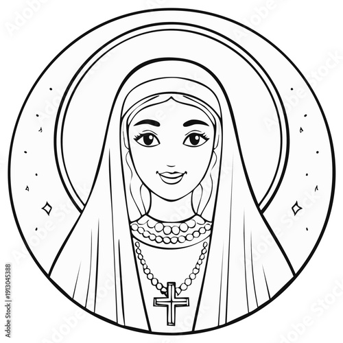 Smiling Virgin Mary line art icon for coloring. Holy Madonna with halo and cross necklace in a round frame.