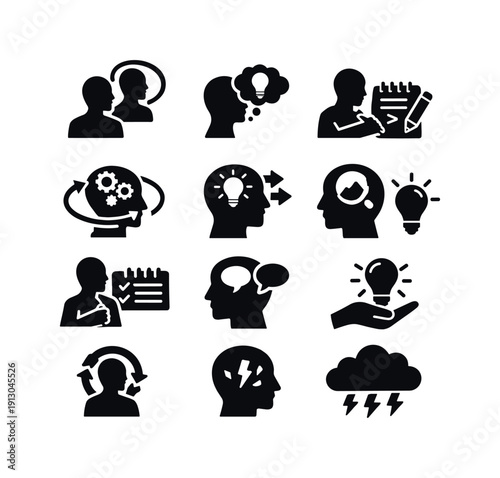 personal brainstorming. Solid icon set of personal brainstorming: self reflection, idea cloud, concept sketch, private notes, creative