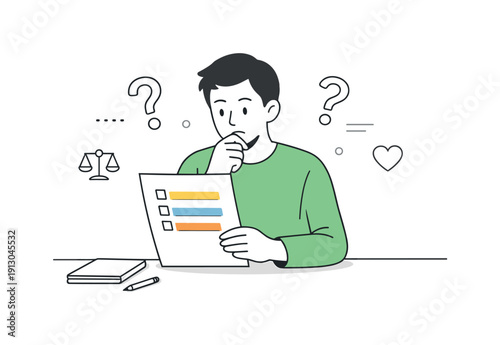 Ethical decision-making. Individual reviewing a document with highlighted choices and question marks nearby. Quiet moment of reflection and