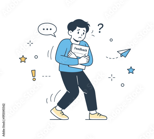    Fear of giving feedback. A thoughtful editorial scene showing a person holding feedback notes close while stepping back slightly. The