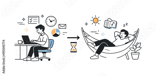 Modern productivity. A relaxed professional completing work efficiently, leaving space for rest and balance, highlighting smart use of time.
