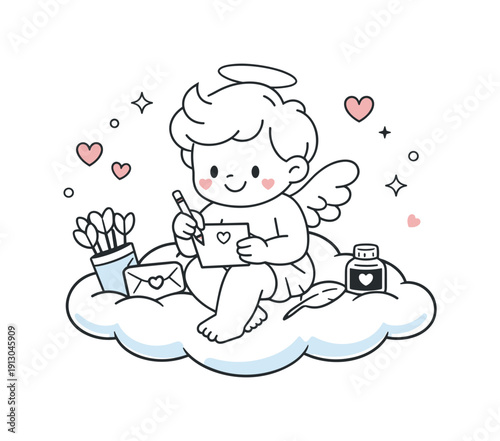 Cupid line drawings. Cupid sitting on a cloud and writing a love note, suggesting gentle humor and tenderness. The scene feels dreamy, soft,