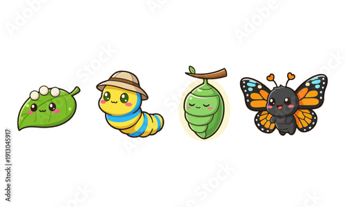 Kawaii Butterfly Life Cycle Stages: Egg, Caterpillar, Chrysalis, and Adult Butterfly