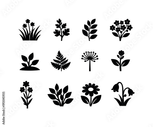 Meadow Plants and Blooms. Solid icon set of meadow plants and blooms: blooming grass, wild herb, leafy stem, flower cluster, open field
